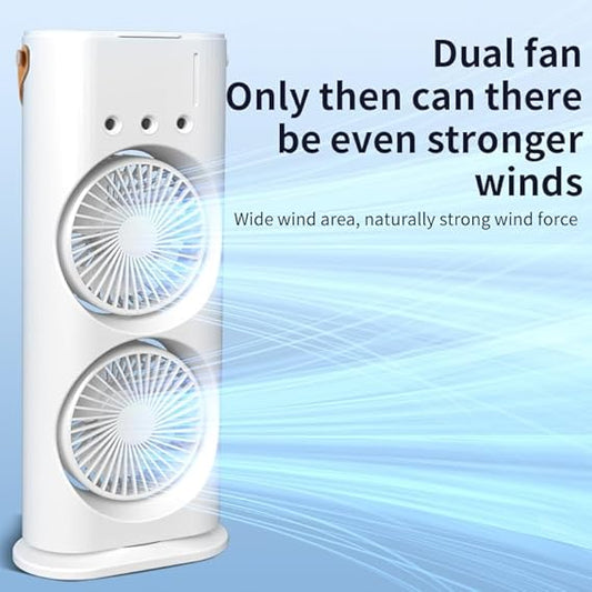 Portable Mini Double Fan Air Cooler With Mist Humidifier And Led Lighting, Mini Table Cooling Fan For Home & Office – Rechargeable